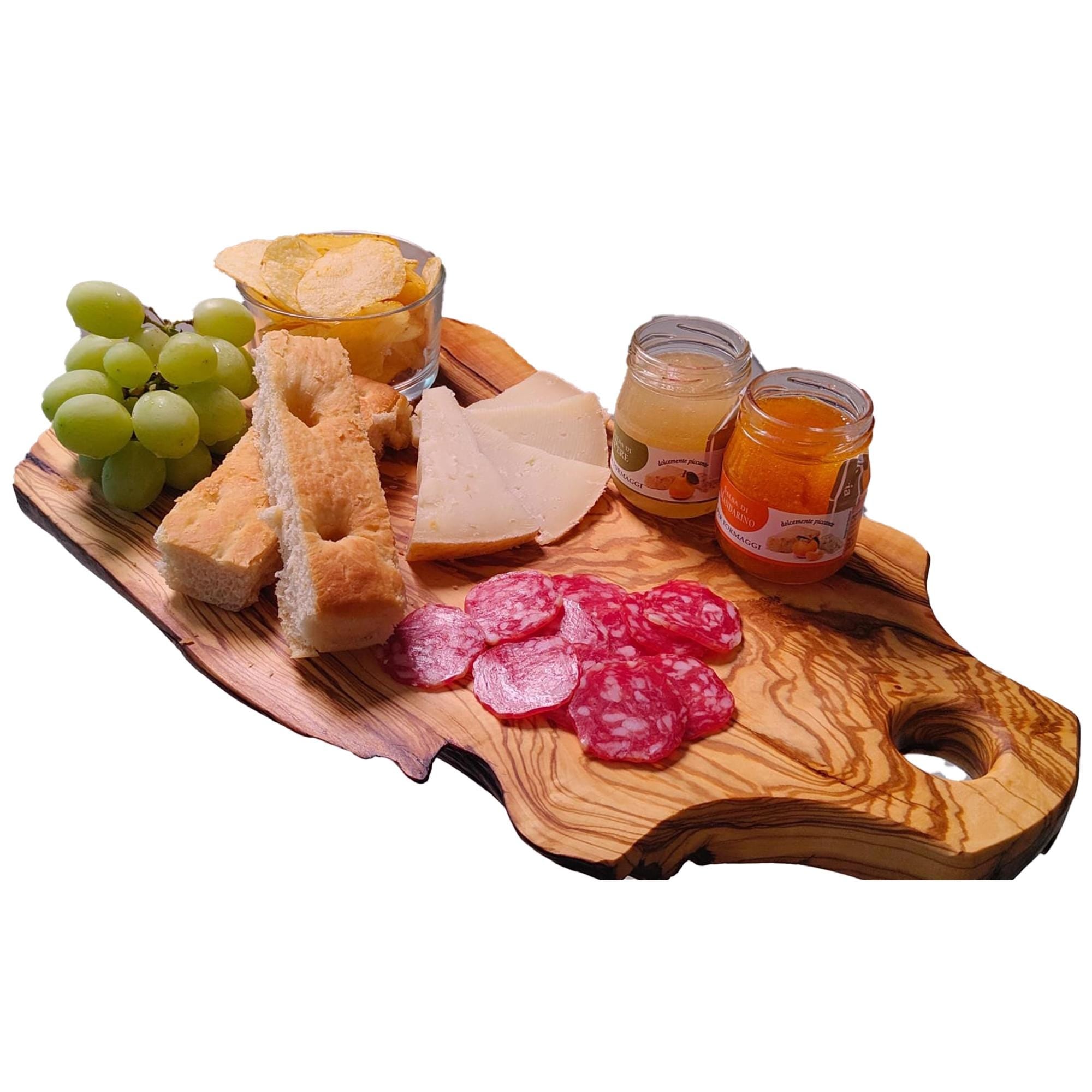 Tagliere in Ulivo Secolare con Manico e Live Edge 42x23cm  | Piedini in Gomma | Finitura FoodSafe